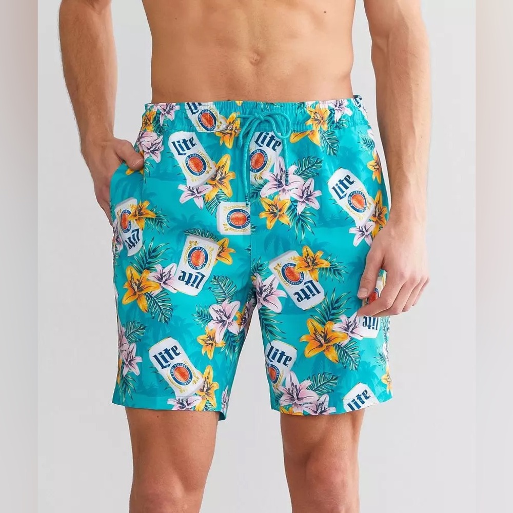 NWOT Valor Miller Light Palms and Lillies Stretch Swim Trunks 7.5” Size: Large